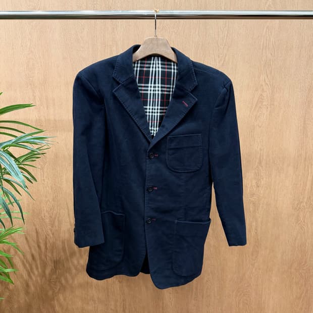 버버리 블랙 라벨 코튼 자켓 테일러드 체크 패턴 라이닝 디테일 네이비