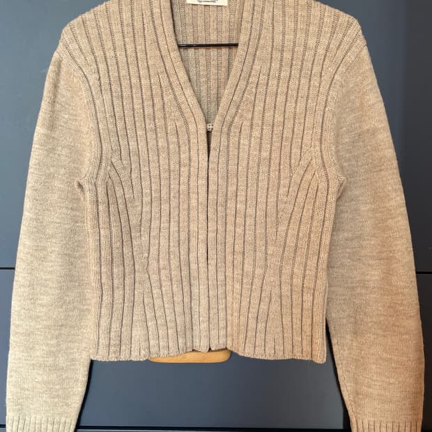 오트밀 그런지 갸루 브이넥 헤비 골지 울니트 가디건
