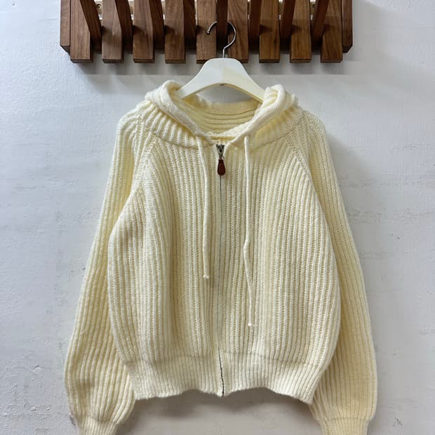 일본빈티지 크림 리브드 니트 후드 집업 