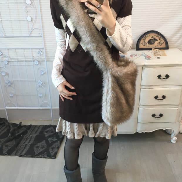 Set)아가일 브라운 니트원피스 +도트롱슬리브