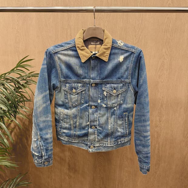 데님 앤 서플라이 데님 자켓 코듀로이 카라 디스트로이드 워싱 디테일 블루