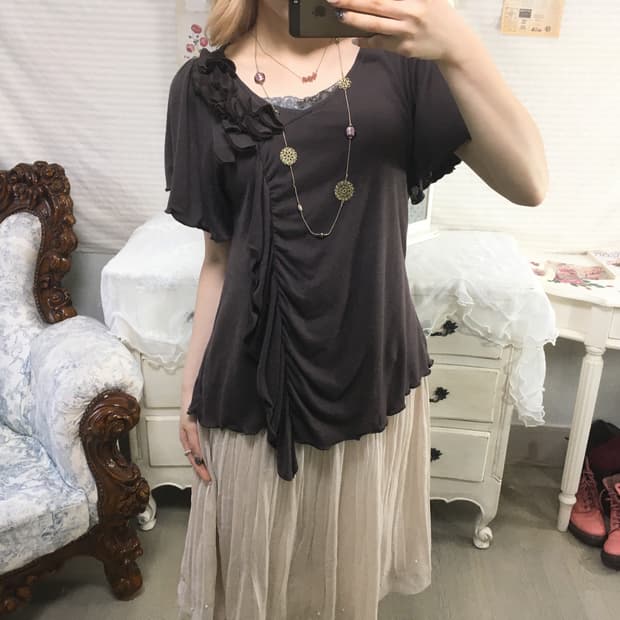 빈티지 아카이브 브라운 셔링 반팔 블라우스