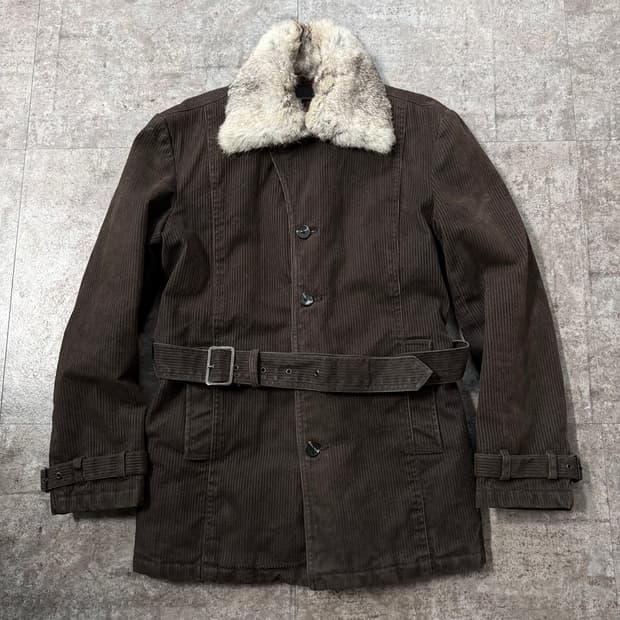 코듀로이 벨티드 퍼 카라 코트