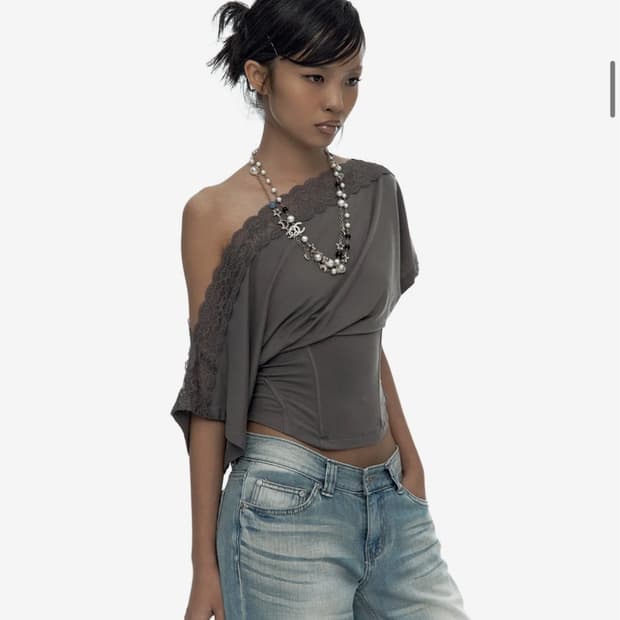 카시코 Lace One Shoulder Corset Tee Charcoa