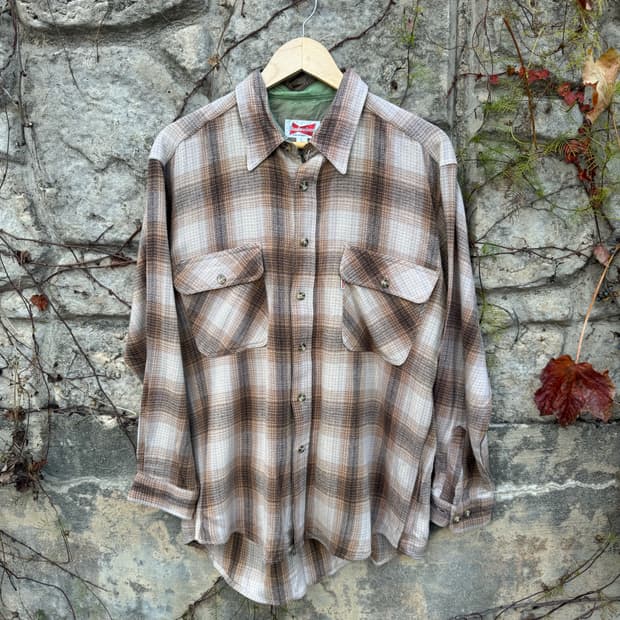 버드와이저 빈티지 투포켓 체크 플란넬 웨스턴 셔츠 베이지