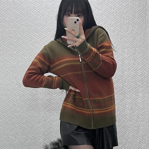 빈티지 컨트리 레트로 스트라이프 배색 니트 후드집업 95 C09782