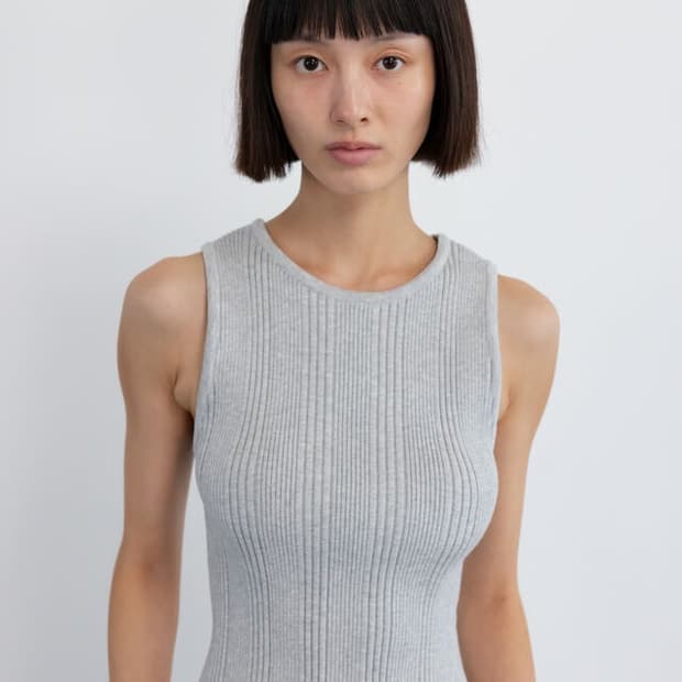 GBH 리브드 슬림 슬리브리스 탑 쿨그레이