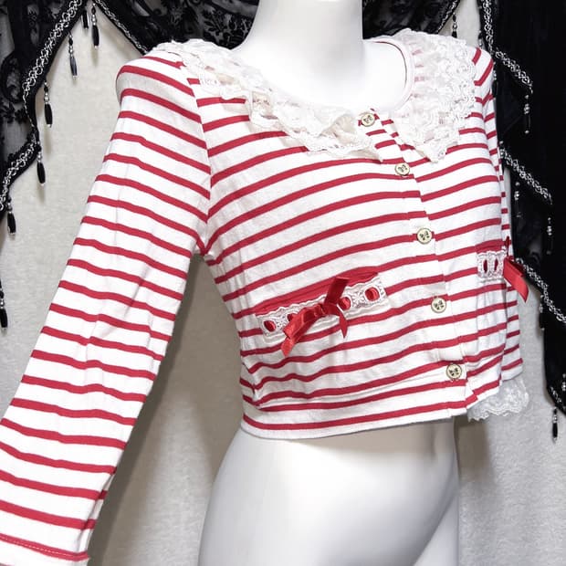 리즈리사 스트라이프 리본 프릴 레이스 가디건 러블리 히메갸루 라떼 핀터 