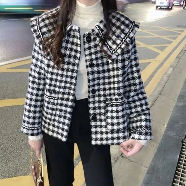 체크 패턴 세일러 카라 겨울 자켓 여성용 55~66