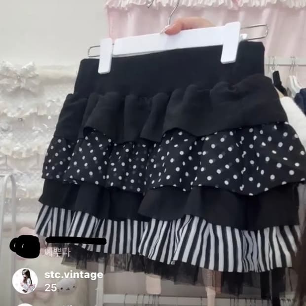 STC빈티지 블랙 프릴 도트 스트라이프 캉캉 스커트 일본빈티지 갸루y2k