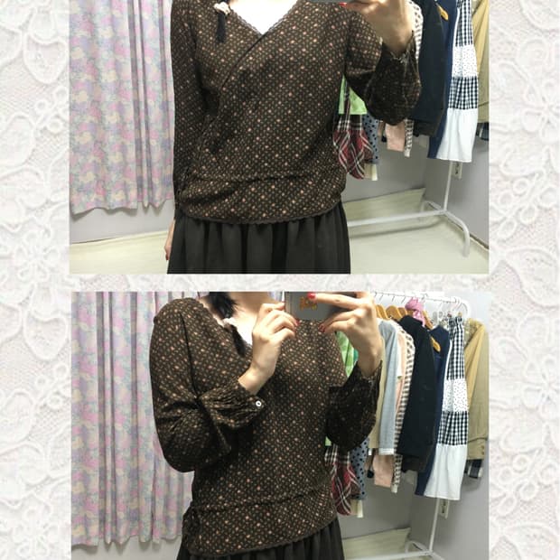 브라운 플라워 긴소매 티셔츠