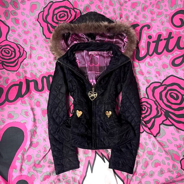 MA*RS마즈 블랙핑크 하트체크 금장 퍼 패딩 히메오네갸루y2k핀터아게하