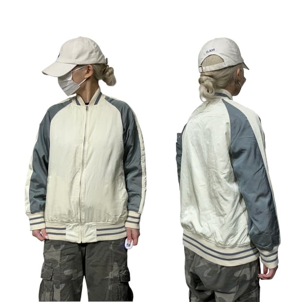 일본 빈티지 그레이 아이보리 배색 스카잔 바람막이 자켓