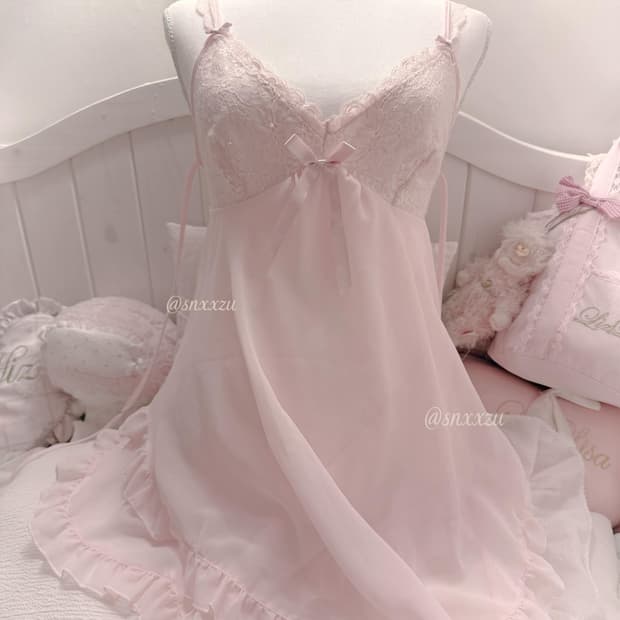 Eblin pink ribbon frill lace slip dress