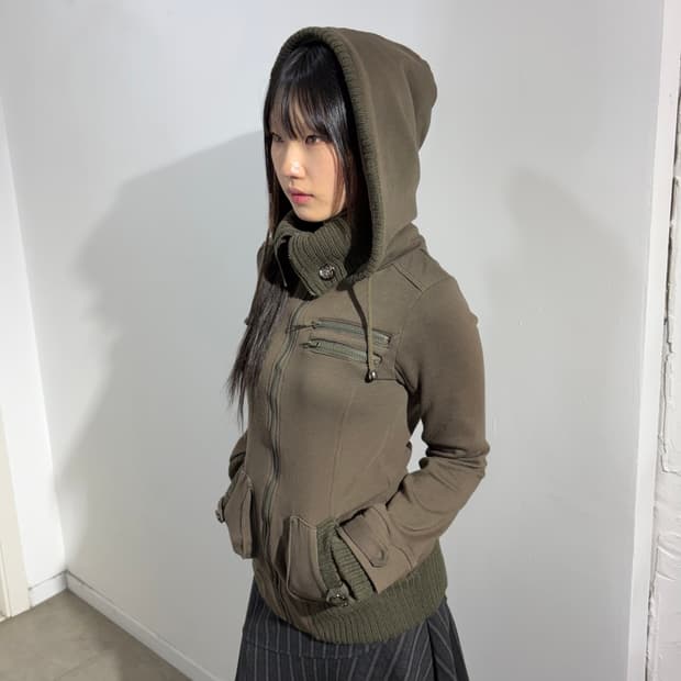 Livin alone  y2k 카키 니트 후드집업