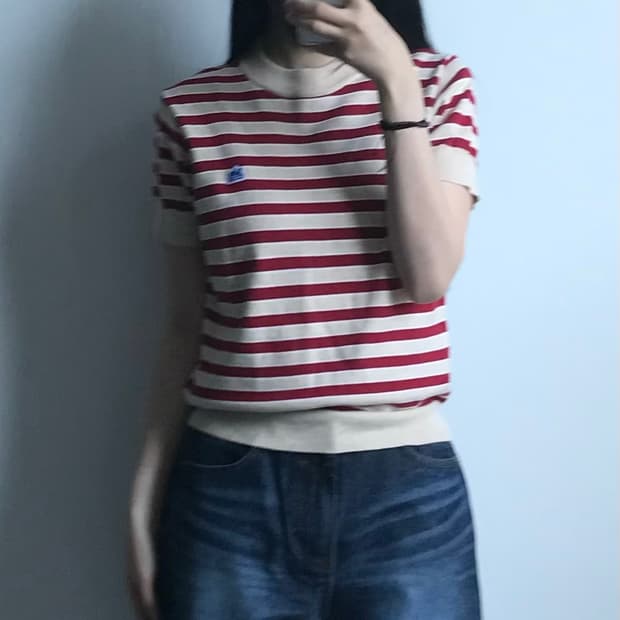 Lee 리 자수로고 스트라이프 반팔 니트