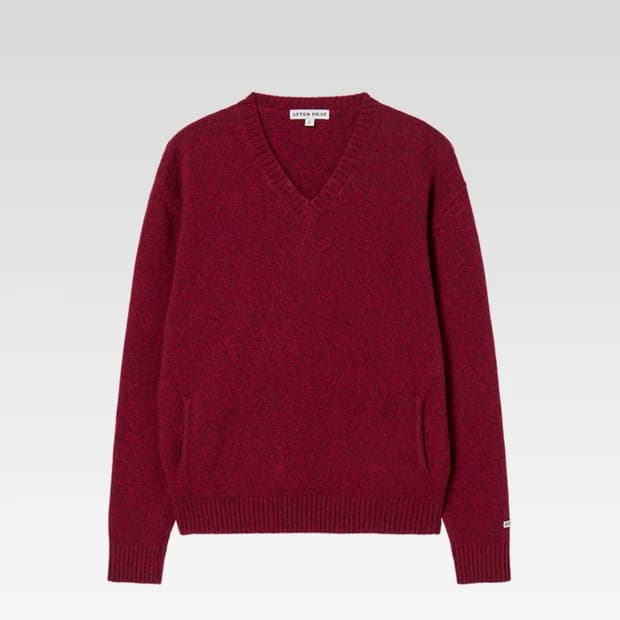 애프터프레이 인타르시아 브이넥 포켓 니트 레드 버건디 L