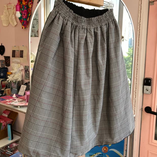 빈티지 체크 / 블랙 리버시블 미디 스커트