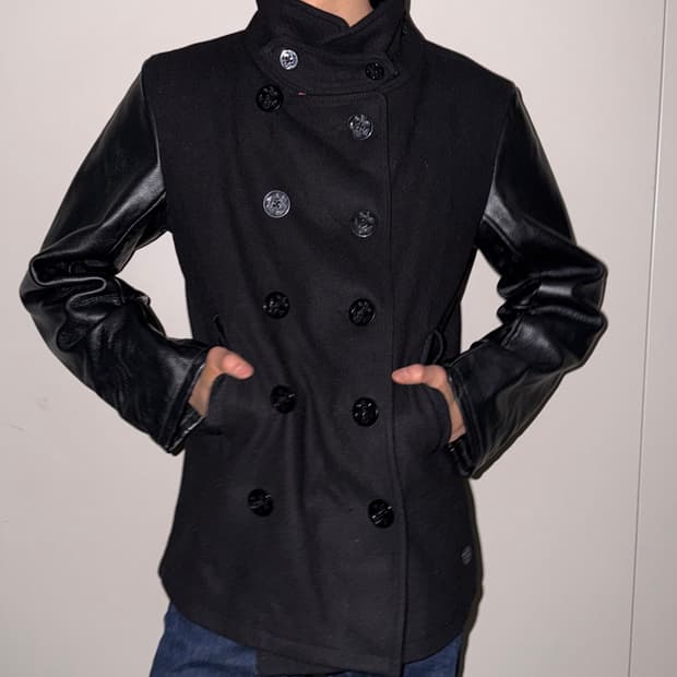 지스타로우 x 마크 뉴슨 레더 슬리브 피코트