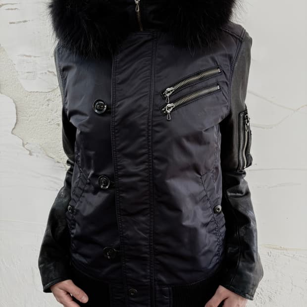 “FUGA"leather fur navy Bomber jacket