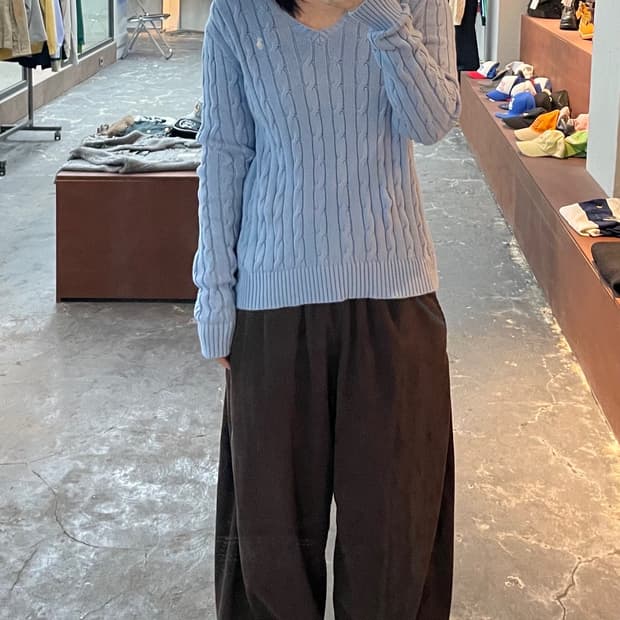 폴로 랄프로렌 로고 브이넥 케이블 스카이블루 니트 H938