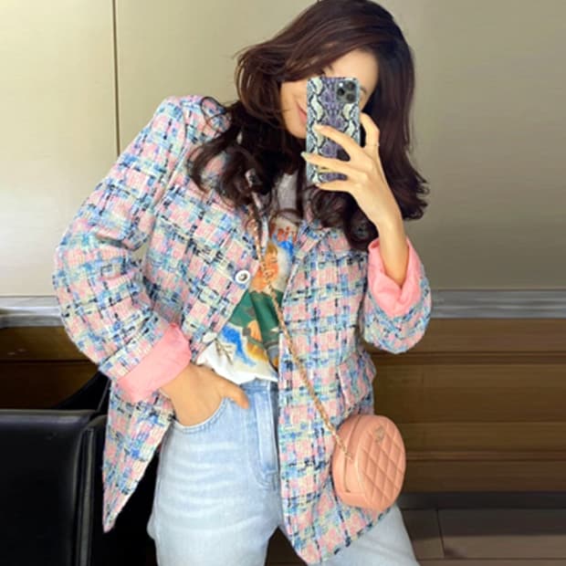 빨강(BBALGANG) 핑크트위드자켓 프리사이즈 새상품