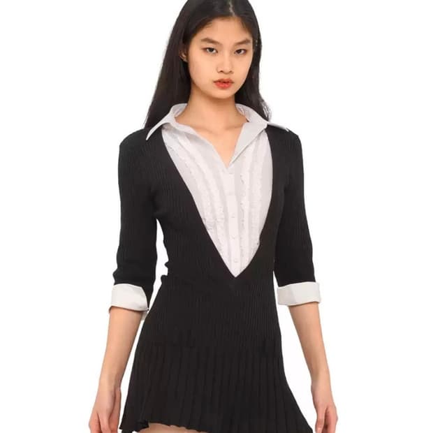 스위트칠링 셔츠 카라넥 7부 소매 플리츠 스커트 니트 원피스