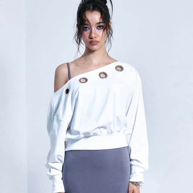 플리즈노팔로우 킬리 아일렛 오프숄더 롱슬리브 탑 화이트