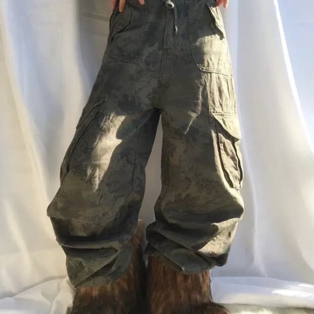 빈티지 카키 패턴 와이드 카고 팬츠