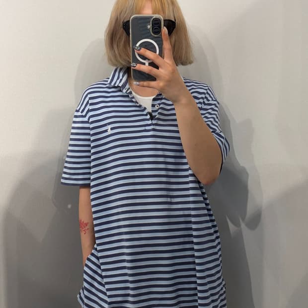 L 폴로 랄프 로렌 클래식 남성용 스트라이프 반팔 카라 티셔츠 블루