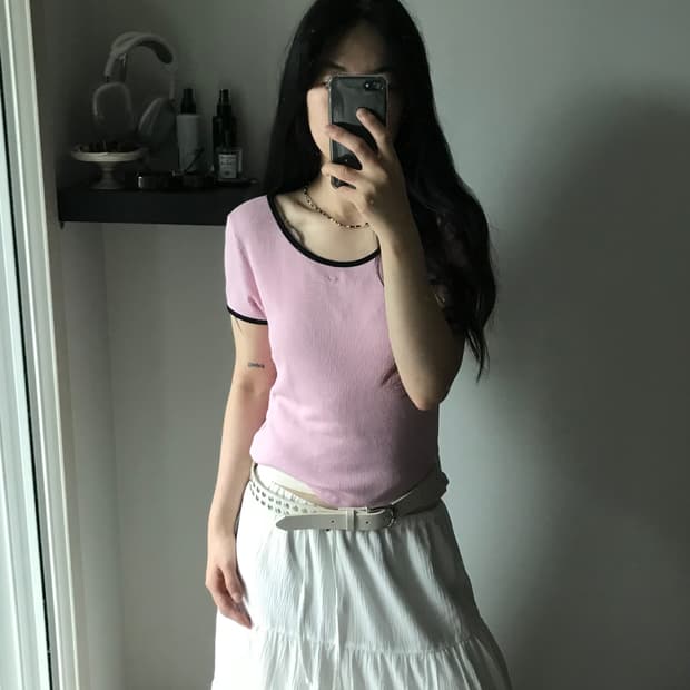 게스 자수 로고 핑크 골지 링거티