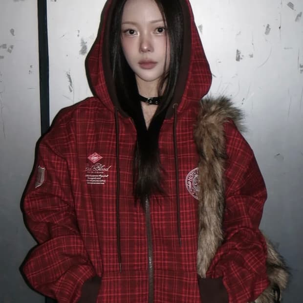배드블러드 클래식 체크 후드 집업 - 레드 S