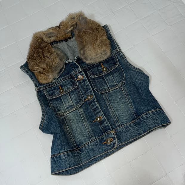 real fur denim vest