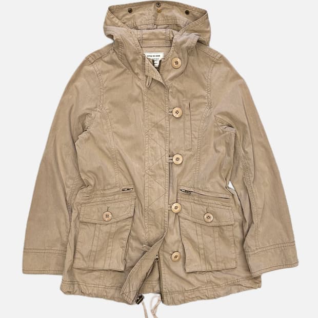 beige military hood parka