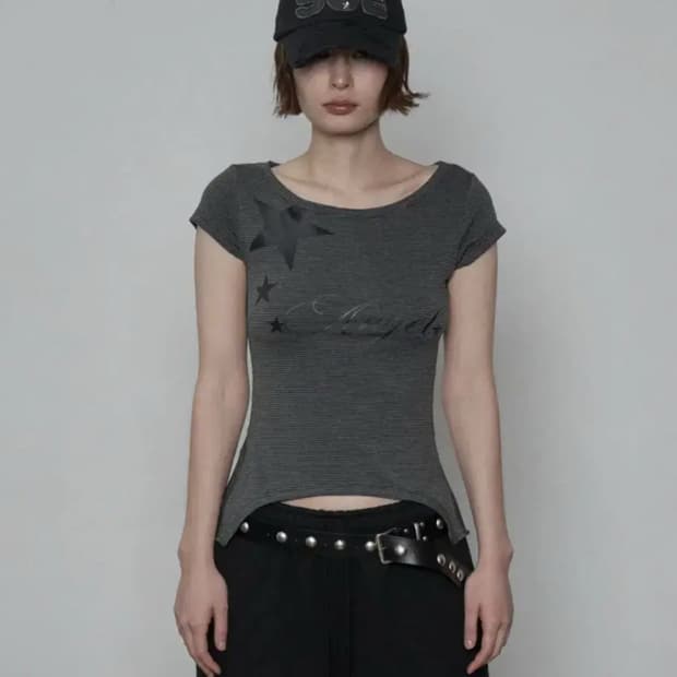 새상품) 셋업이엑스이 스트라이프 엔젤 탑 반팔 차콜