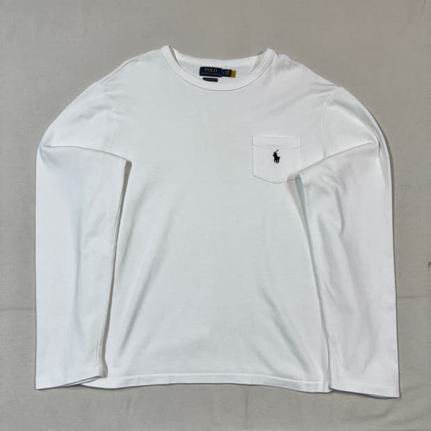 XL) 폴로 랄프로렌 화이트 포켓 긴팔 티셔츠 신형 큐알탭