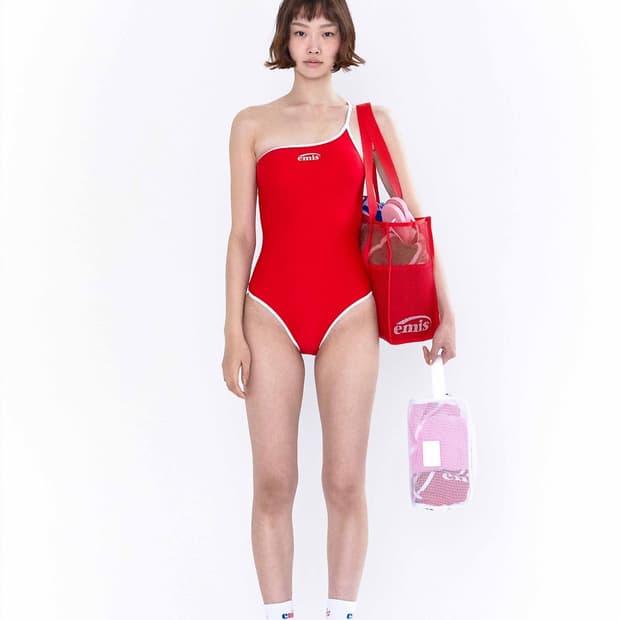 [새 상품] EMIS(이미스) 원숄더 로고 수영복 - RED