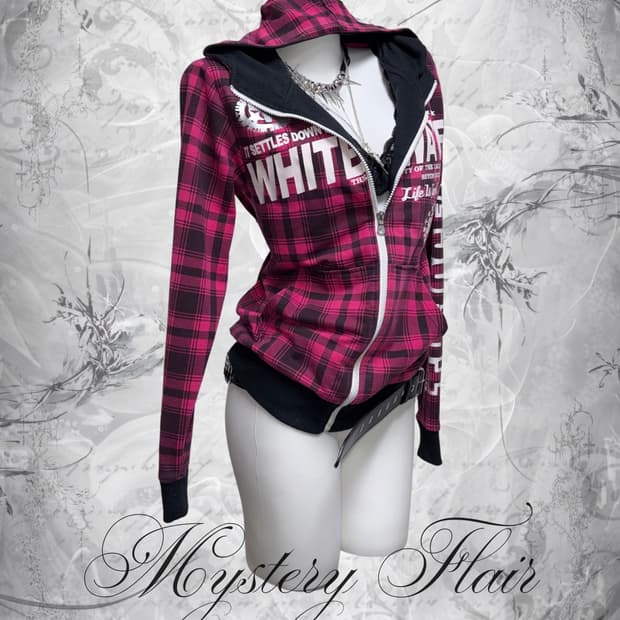 00s 갸루펑크 핫핑크 체크 레터링 후드집업