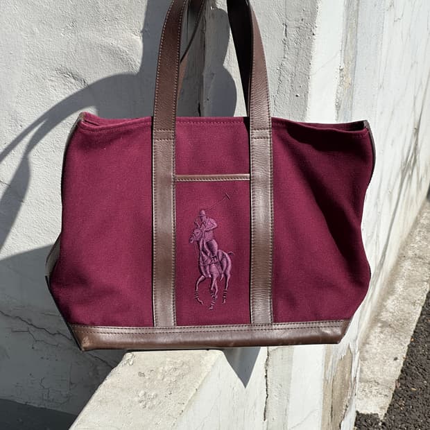 폴로 랄프로렌 빅포니 버건디 캔버스 레더 토트백 클래식