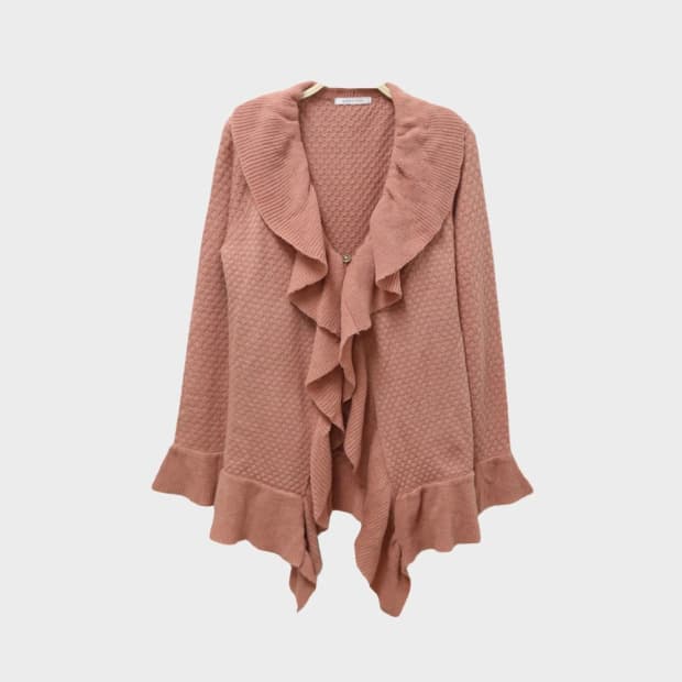 액시즈팜 딸기우유 프릴 니트 가디건 66084