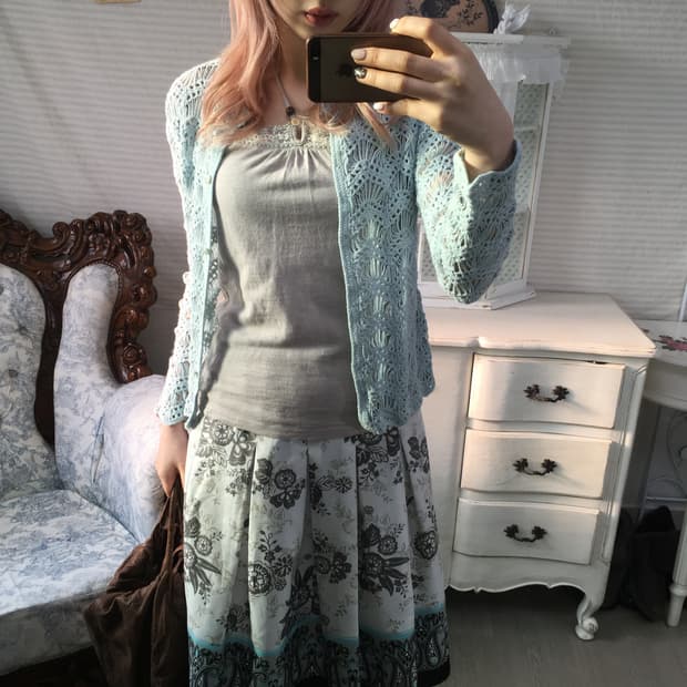 Set)페일블루 크로셰 뜨개 가디건 + 모리 홀터 나시