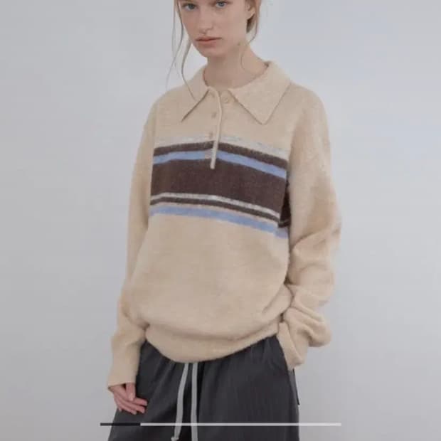 카셀 멀티 스트라이프 폴로 니트 살몬 베이지