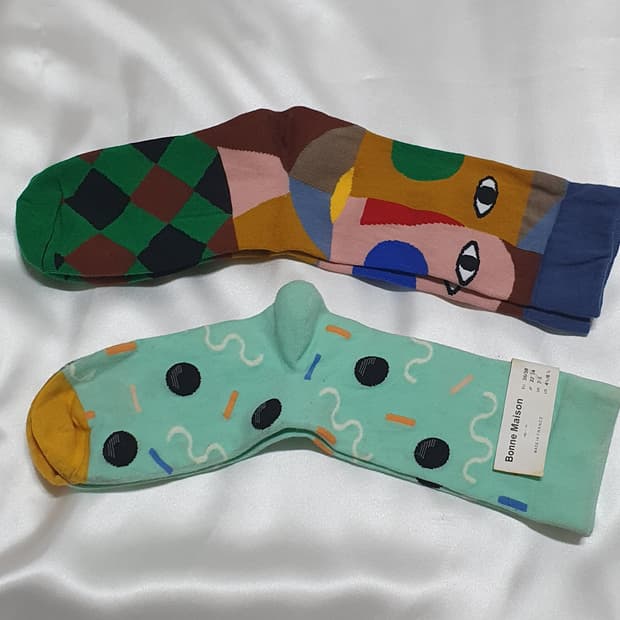 민트 그린 블루 브라운 체크 Bonne Maison 본메종 양말 