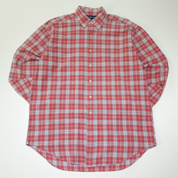 CL927 L 폴로 90s 버튼다운 빈티지 레드 마드라스 체크 셔츠 남