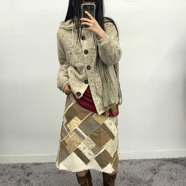 모리 패치워크 레이스 미디 스커트