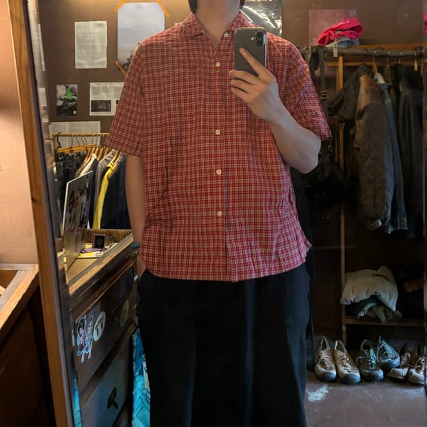 90s old uniqlo textured work half shirt