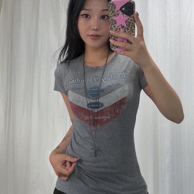 할리데이비슨 그레이 레터링 반팔 탑