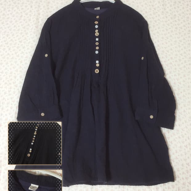 빈티지 모리걸 네이비 우드단추 블라우스