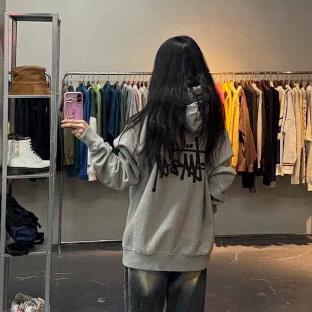 스투시 베이직로고 그레이 후드티 A3019