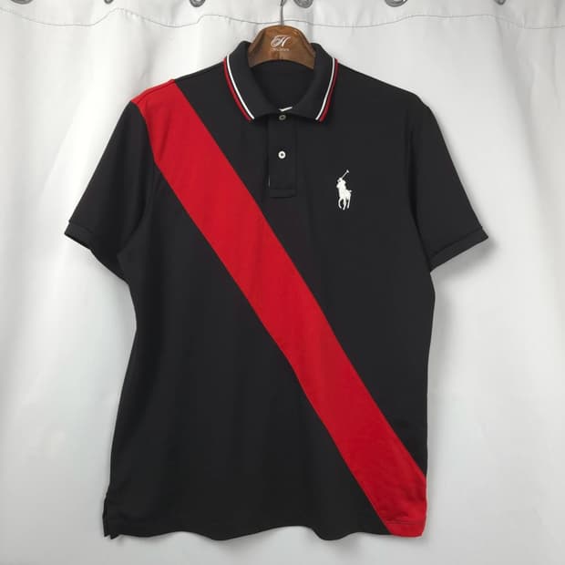 정품) 남XL-2XL 폴로랄프로렌 레드 사선 스트라이프 블랙 반팔 티셔츠